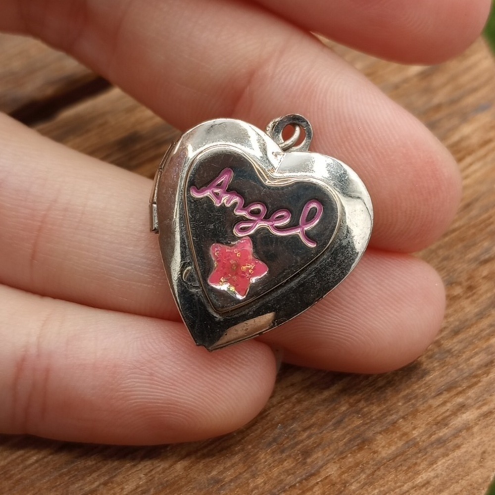 Silver Tone Heart 'Angel' Locket Pendant with Pink Accent P244